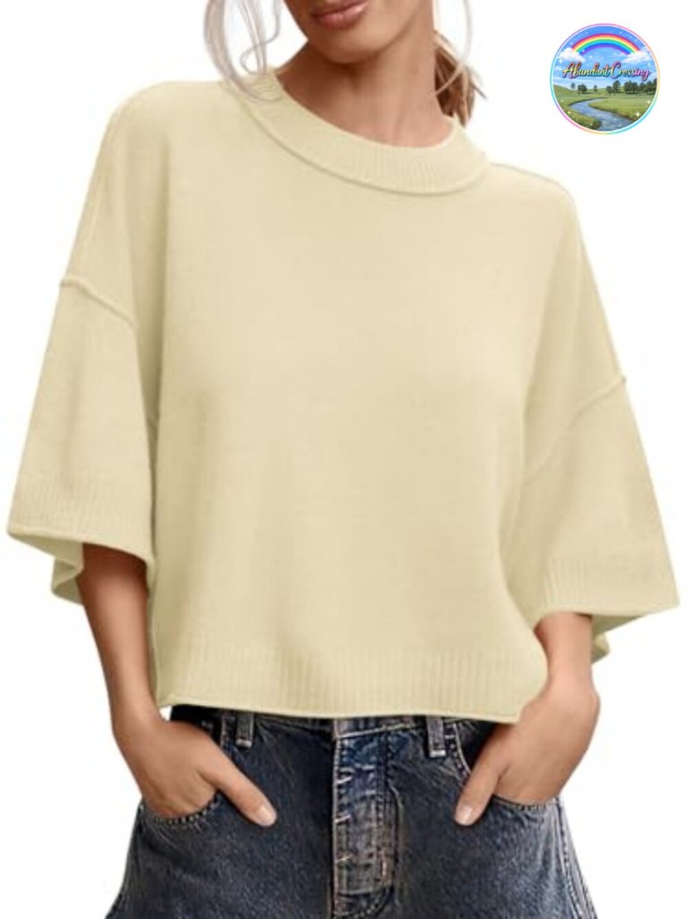 Womens Short Sleeve Cropped Sweater Oversized Knit Pullover Top